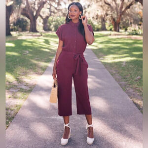 Gal Meets Glam Raina Button-Front Crepe Jumpsuit Burgundy